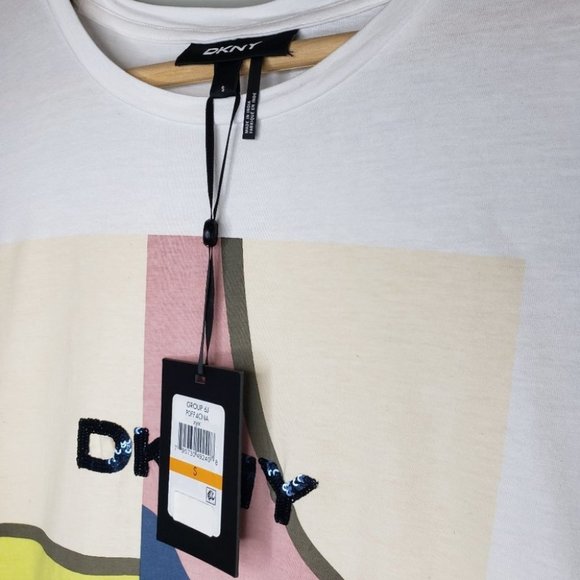DKNY Sequined Logo Graphic Cotton T-Shirt Women's Size Small *Defect-see desc - Picture 8 of 15